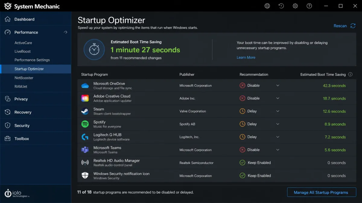 System Mechanic Startup Optimizer showing a list of startup programs with recommendations to disable or delay each one, and an estimated boot time saving at the top of the panel.