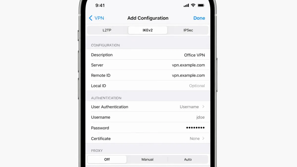 iOS Settings screen showing a native IKEv2 IPsec VPN configuration with server address, remote ID, and authentication fields, illustrating built-in support with no third-party app.