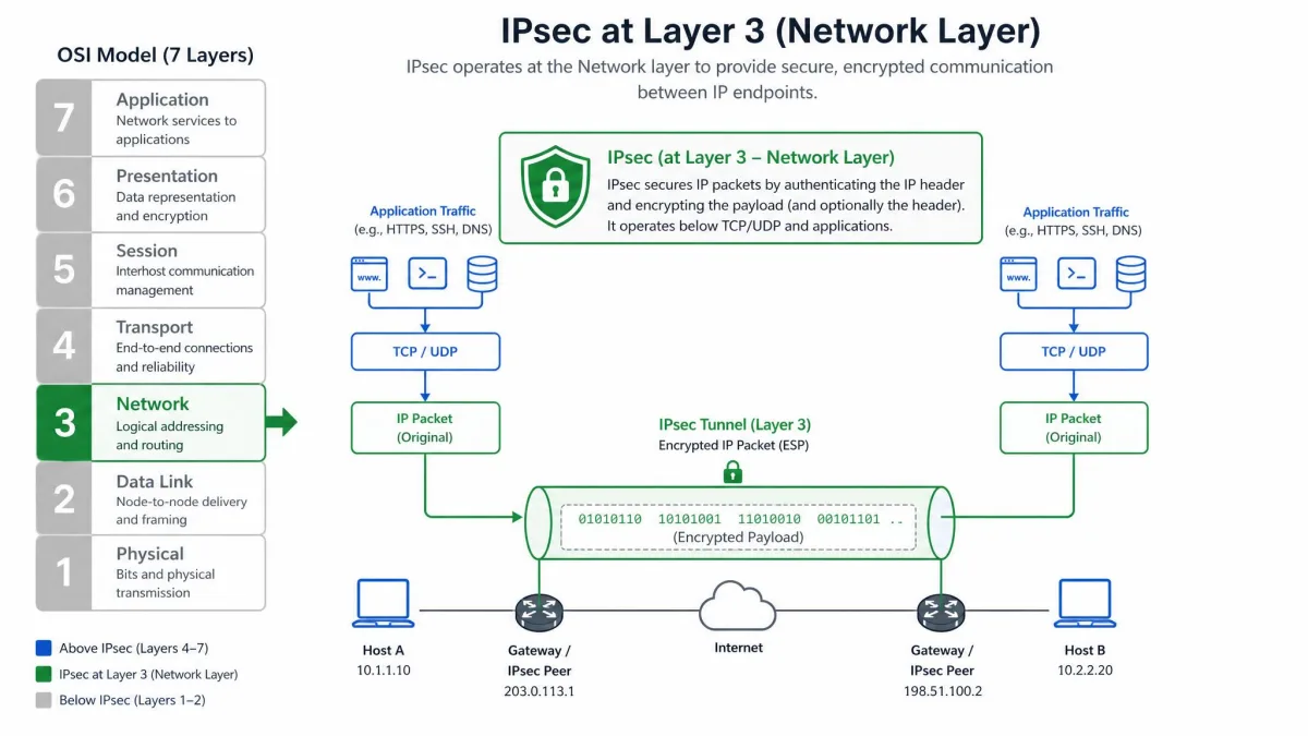 Diagram showing where IPsec sits at Layer 3 of the OSI model, with the network layer highlighted and application traffic flowing through an encrypted IPsec tunnel below it.