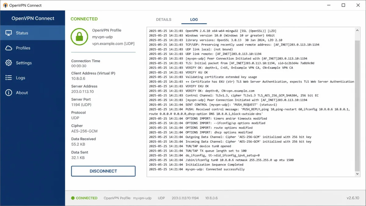 OpenVPN desktop client showing an active UDP connection on port 1194, with the connection log displaying the TLS handshake and assigned virtual IP address.