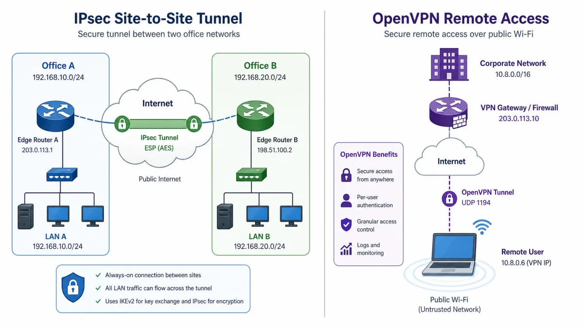 Side-by-side topology diagram showing an IPsec site-to-site tunnel linking two office routers on the left and an OpenVPN remote-access connection from a laptop over public Wi-Fi on the right.