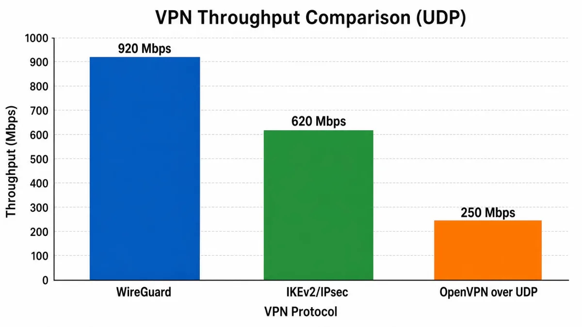 Bar chart comparing throughput of WireGuard, IKEv2/IPsec, and OpenVPN over UDP, with WireGuard fastest, IPsec second, and OpenVPN third.