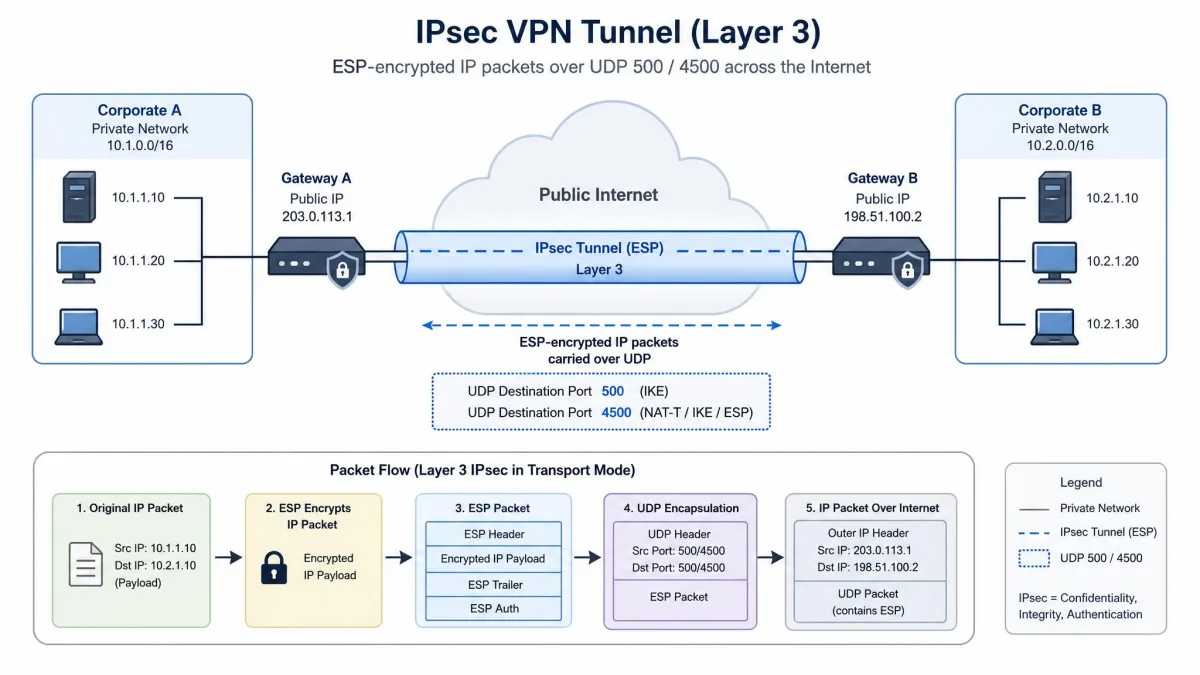 Network diagram showing an IPsec tunnel operating at Layer 3 between two gateways, with ESP-encrypted IP packets passing through UDP port 500 and 4500 across the public internet.