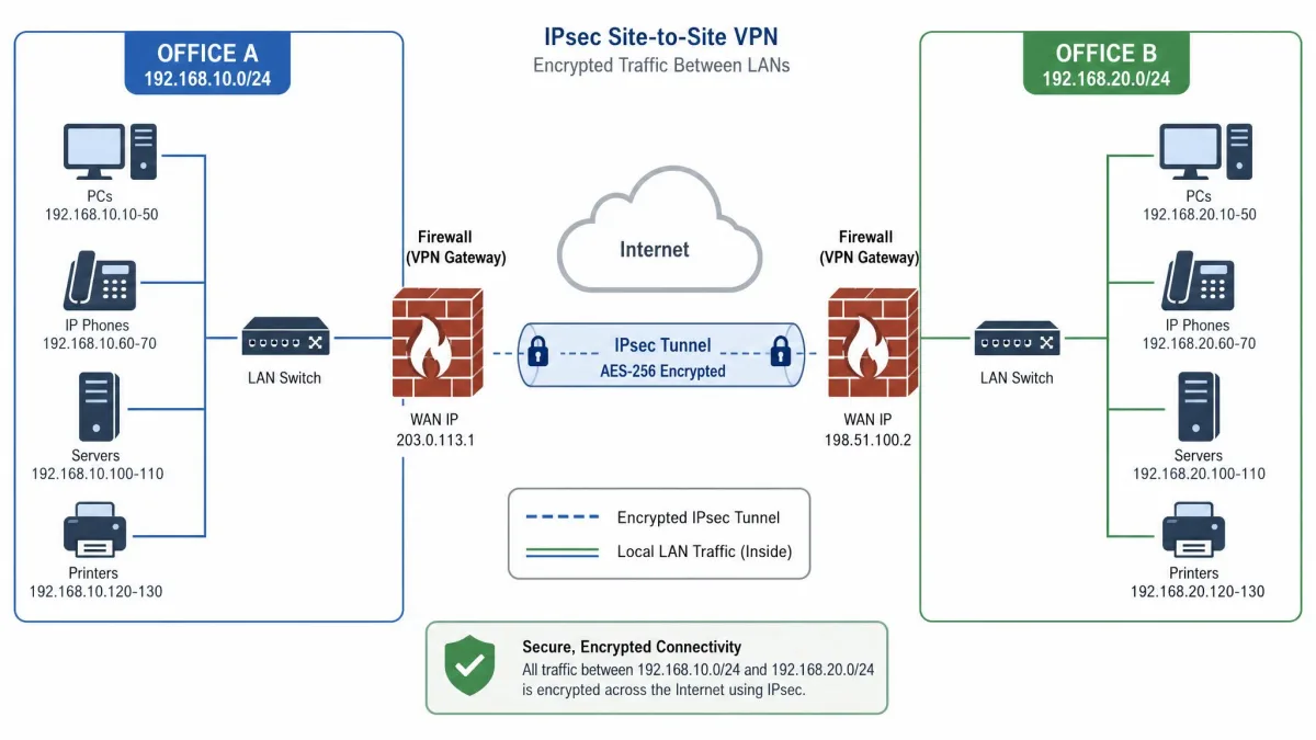 A network diagram showing two office locations connected by an IPsec site-to-site tunnel terminating on enterprise firewalls, with encrypted traffic flowing between the two LANs.