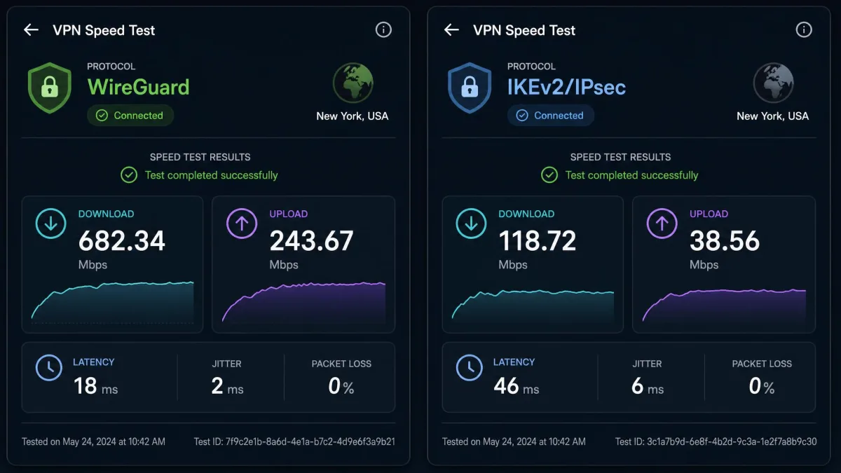 Two side-by-side VPN app speed-test results, one labeled WireGuard showing higher throughput and one labeled IKEv2/IPsec, with download and upload numbers and latency readings visible.