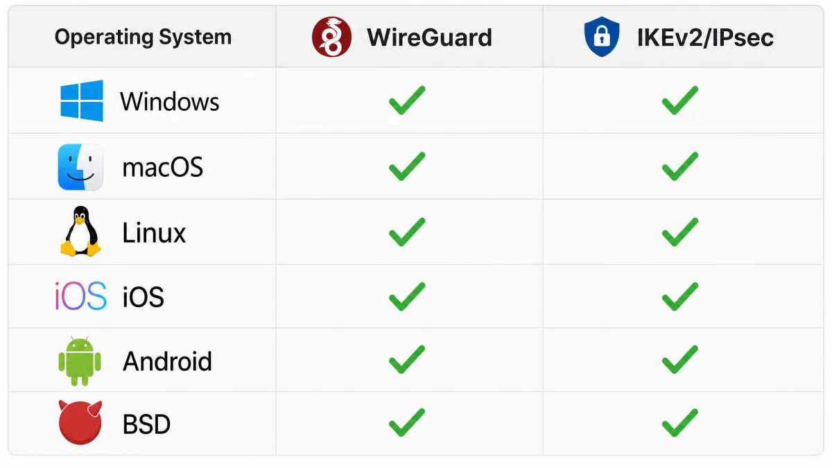 A grid of operating-system logos for Windows, macOS, Linux, iOS, Android, and BSD with checkmarks showing WireGuard and IKEv2/IPsec support across each platform.