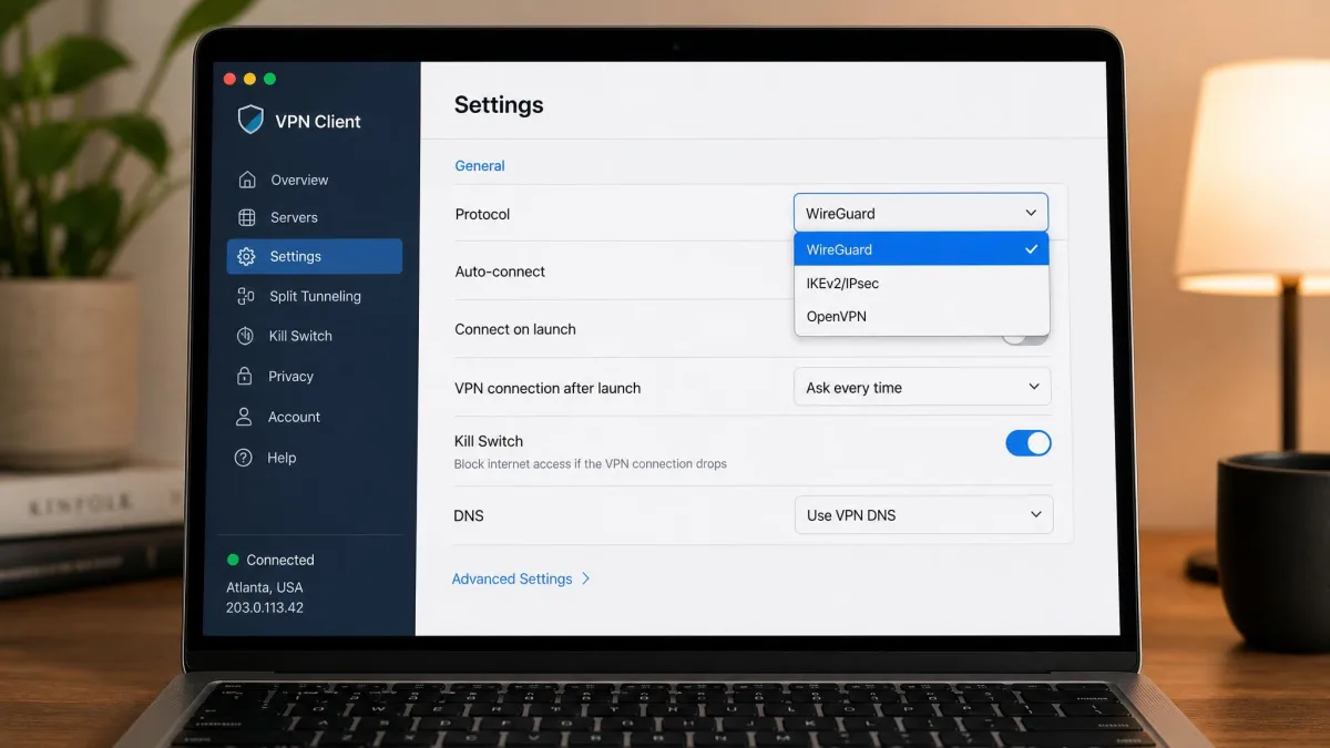 A VPN client settings screen on a laptop showing a protocol dropdown with WireGuard selected and IKEv2/IPsec and OpenVPN listed as alternatives.