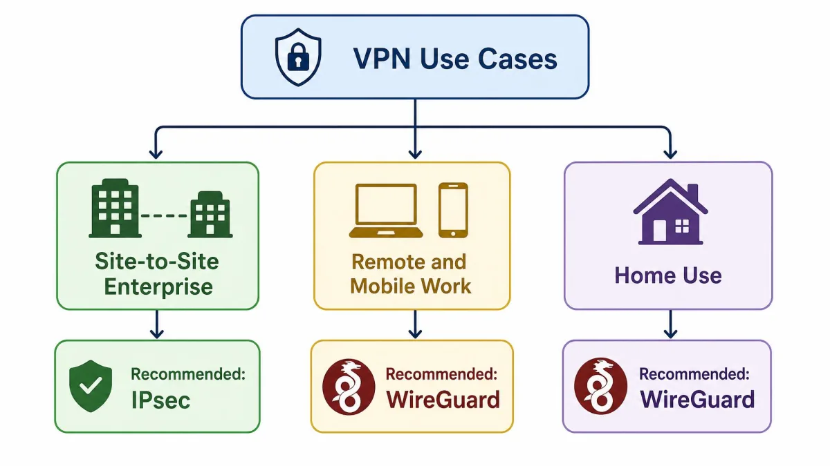 A simple flowchart illustration showing three branches, site-to-site enterprise, remote and mobile work, and home use, each pointing to WireGuard or IPsec as the recommended protocol.