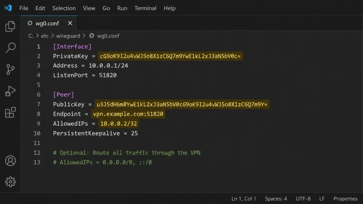 A WireGuard configuration file open in a text editor showing the [Interface] and [Peer] sections with PrivateKey, PublicKey, AllowedIPs, and Endpoint fields highlighted.