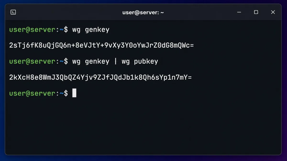 A terminal window running the wg genkey command to create a WireGuard private and public key pair, with the generated base64 keys displayed on screen.
