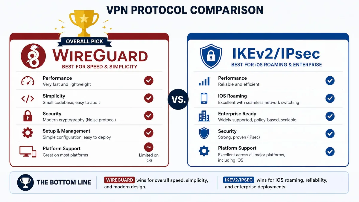 A summary graphic contrasting WireGuard, labeled best for speed and simplicity, against IKEv2/IPsec, labeled best for iOS roaming and enterprise, with a trophy icon over WireGuard for the overall pick.
