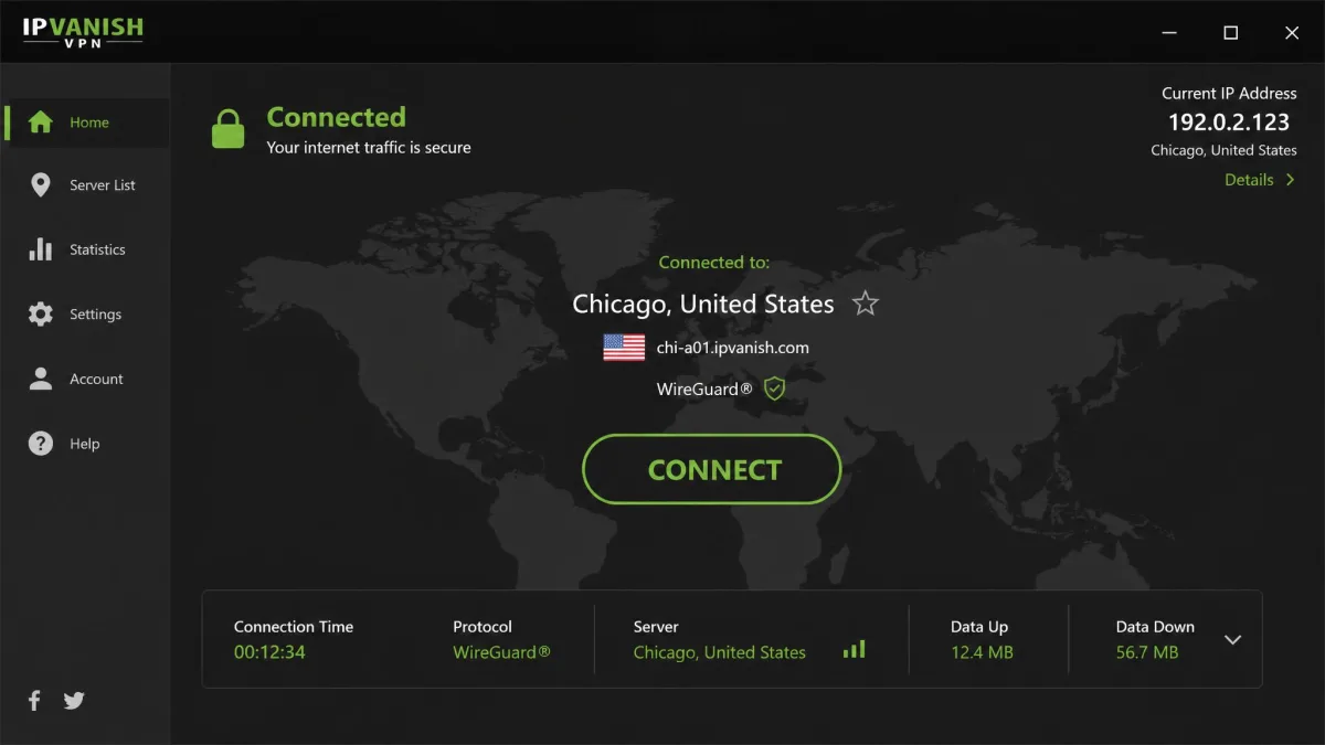 The IPVanish desktop app on Windows showing a connected session to a Chicago server, with the world map, current IP address, and a large green Connect button in the center of the dashboard.