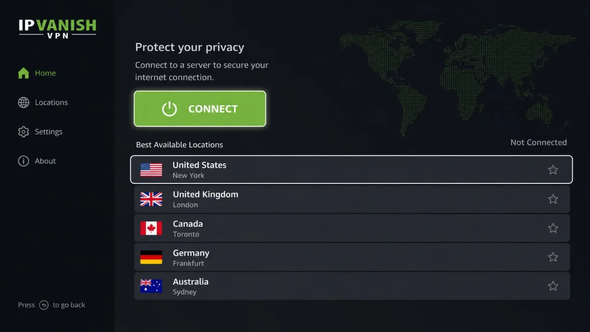 The IPVanish app running on an Amazon Fire TV Stick home screen, showing the connect button and a simple list of server locations optimized for the TV remote.