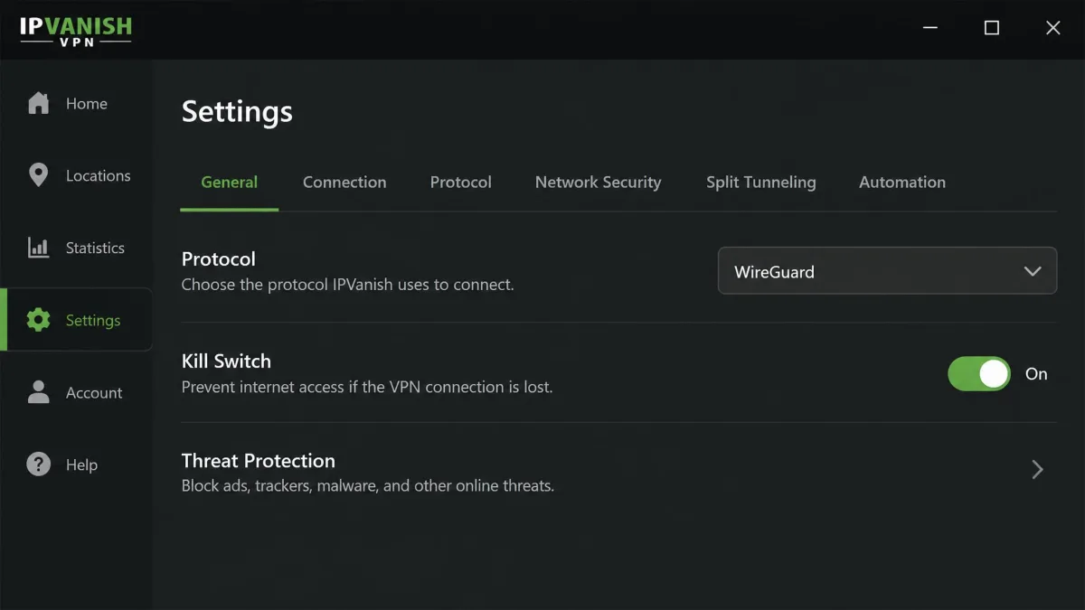 The IPVanish settings screen showing the protocol dropdown set to WireGuard and the kill switch toggle enabled, with Threat Protection listed below.
