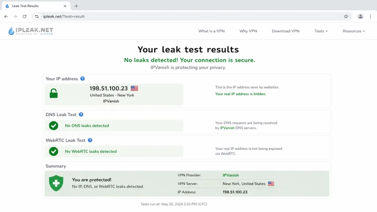 A browser leak-test results page showing no IP, DNS, or WebRTC leaks detected while connected to IPVanish, with the VPN server's IP address displayed instead of the user's real address.