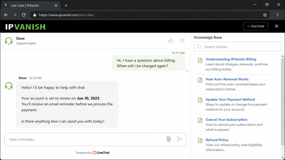 The IPVanish live chat support window open in a browser, showing a support agent responding to a billing question with the knowledge base links in the sidebar.