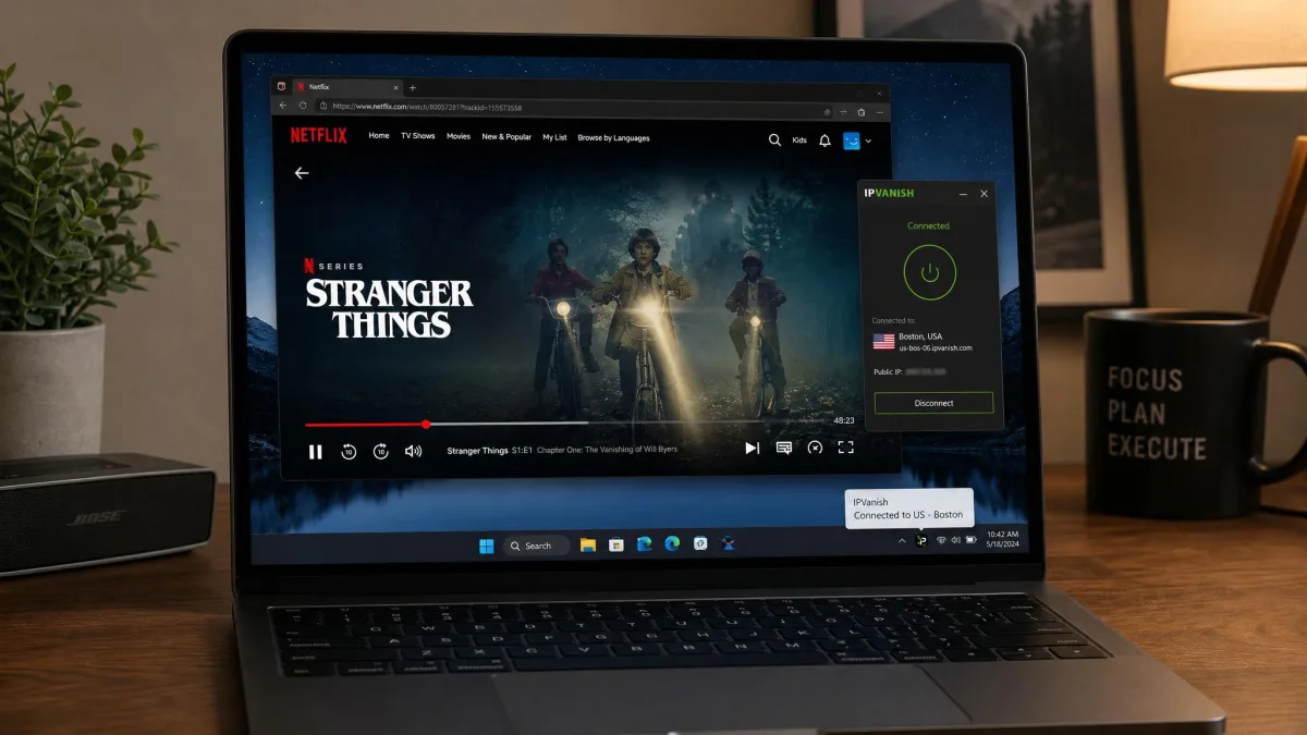 A laptop streaming a Netflix show at full HD while connected to a US IPVanish server, with the small IPVanish connection indicator visible in the system tray.