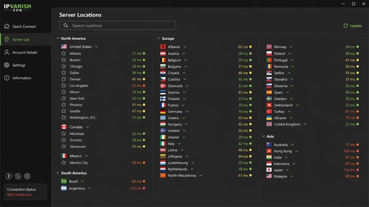 The IPVanish server selection screen listing dozens of countries and cities with latency indicators next to each, and a search box at the top for filtering locations.