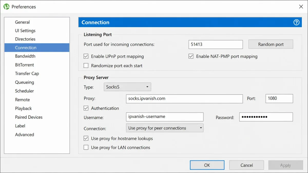 A torrent client's connection settings window configured with IPVanish SOCKS5 proxy details, showing the proxy host, port, and username fields filled in.