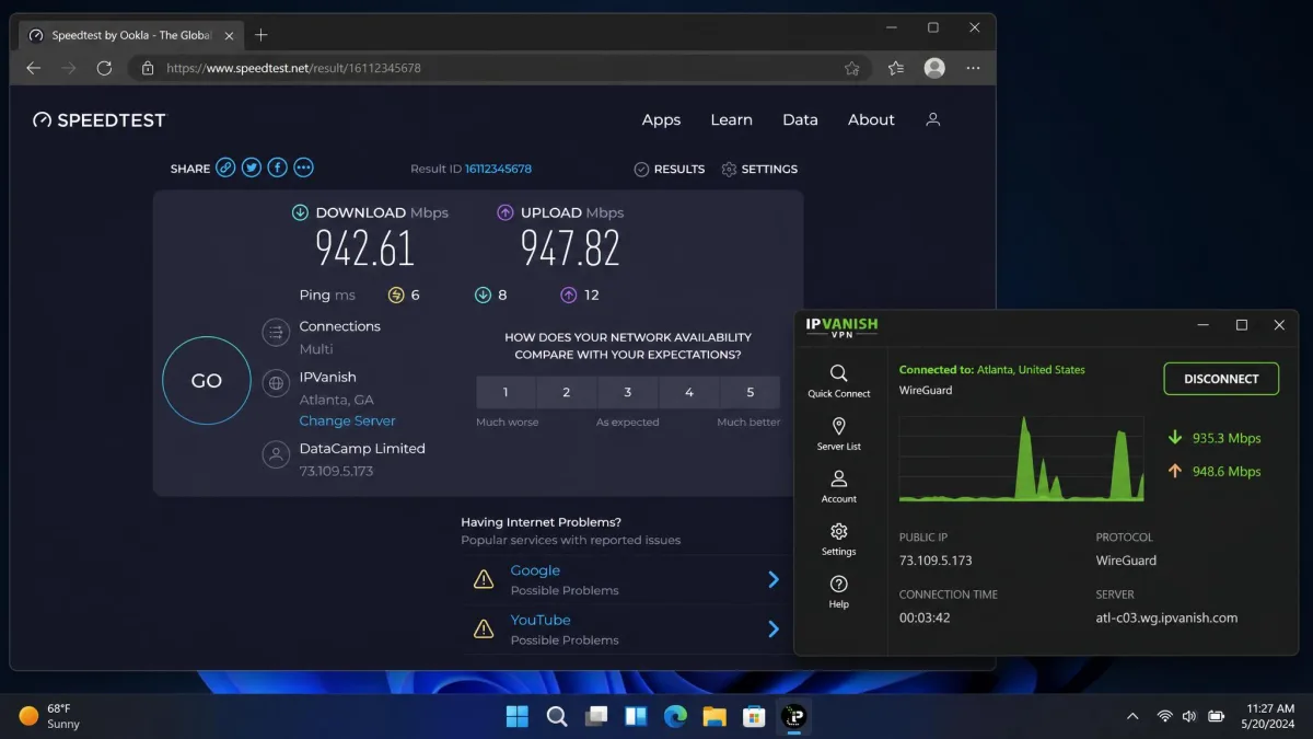 A speed test result running through IPVanish on a nearby WireGuard server, showing download and upload figures close to the unprotected baseline, with the IPVanish app visible in the corner of the screen.