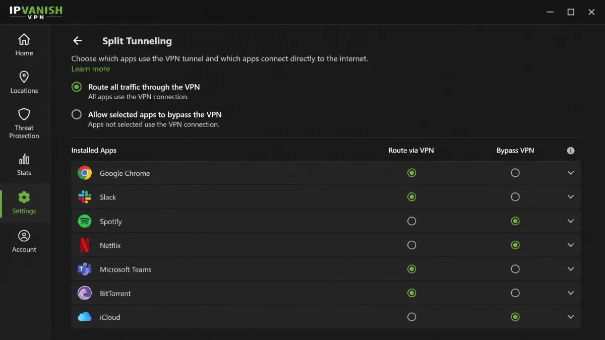 The IPVanish split tunneling settings screen with a list of installed apps and toggles beside each one choosing whether it routes through the VPN or bypasses it.