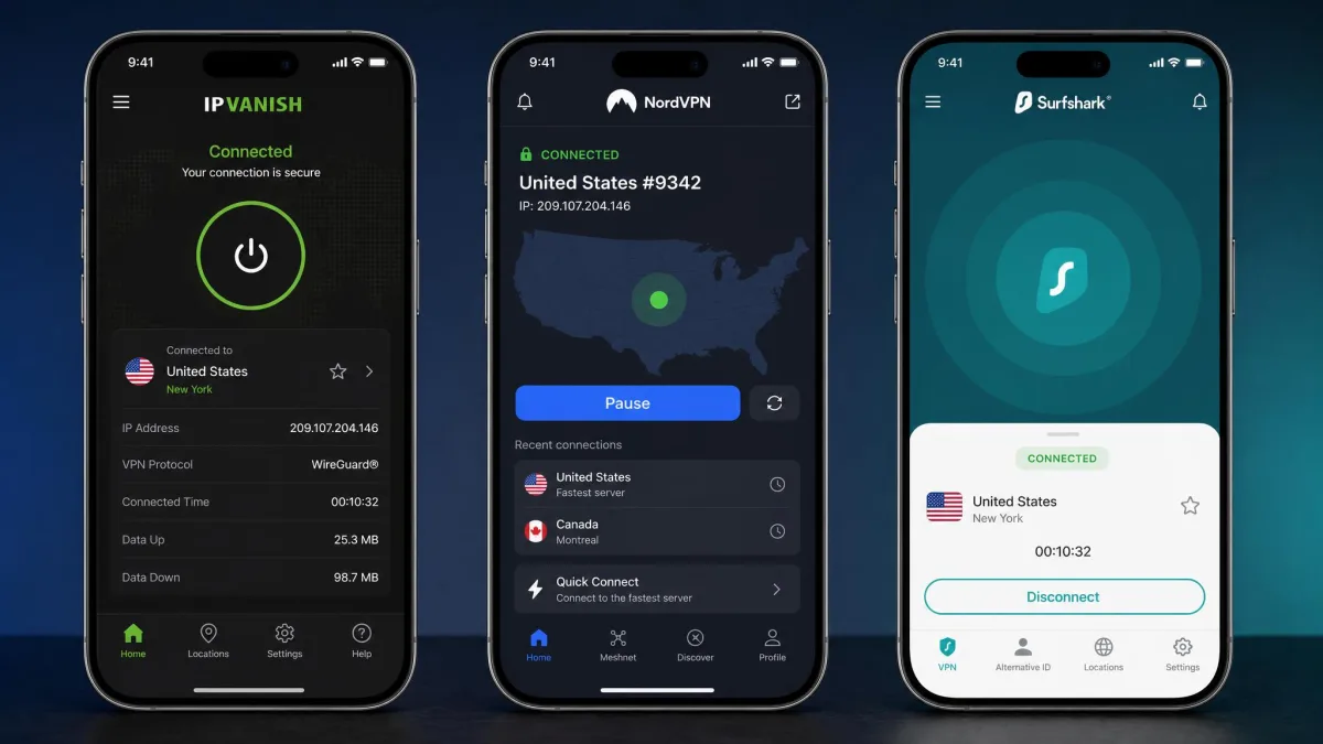 Three phones side by side showing the IPVanish, NordVPN, and Surfshark apps each connected, illustrating a head-to-head comparison of the three VPN interfaces.