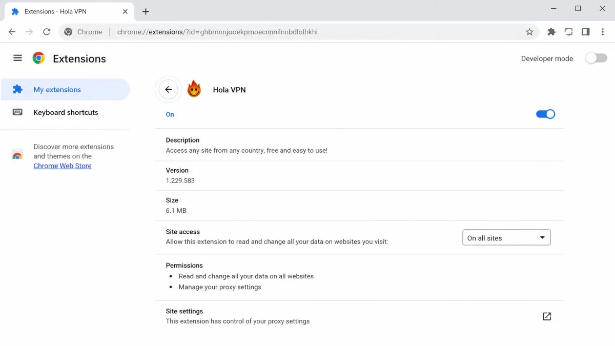 The Hola VPN Chrome extension's details page showing site access set to all sites, plus permissions to read and change website data and manage proxy settings.