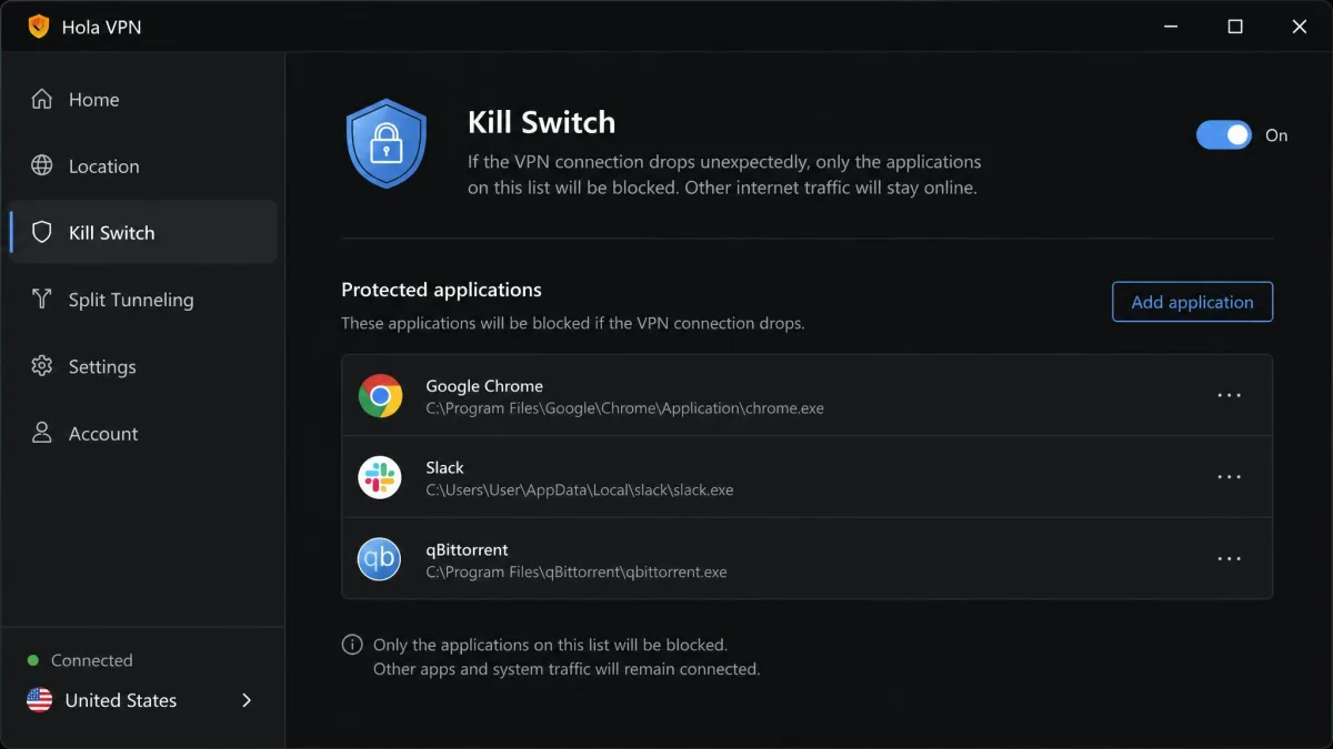 Hola Windows app kill switch screen with a short list of selected applications, showing that only apps on the list are blocked if the VPN drops.