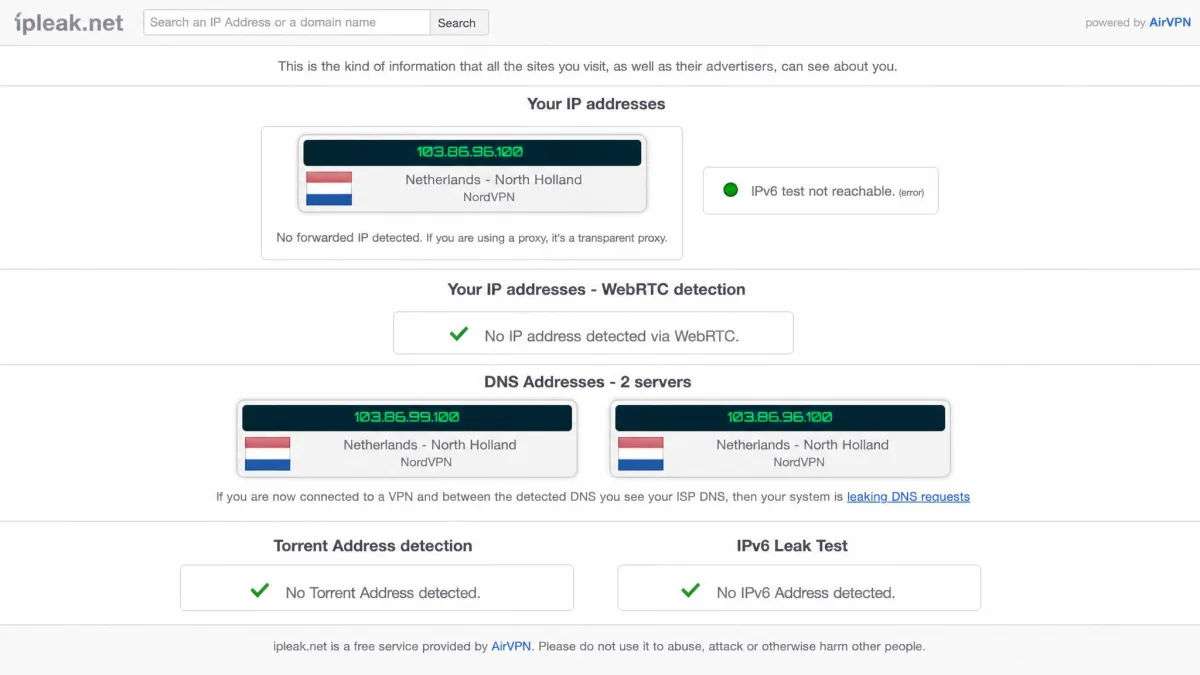 An ipleak.net results page while connected to a NordVPN server, showing a NordVPN IP address, NordVPN DNS servers and no WebRTC or IPv6 address exposed.