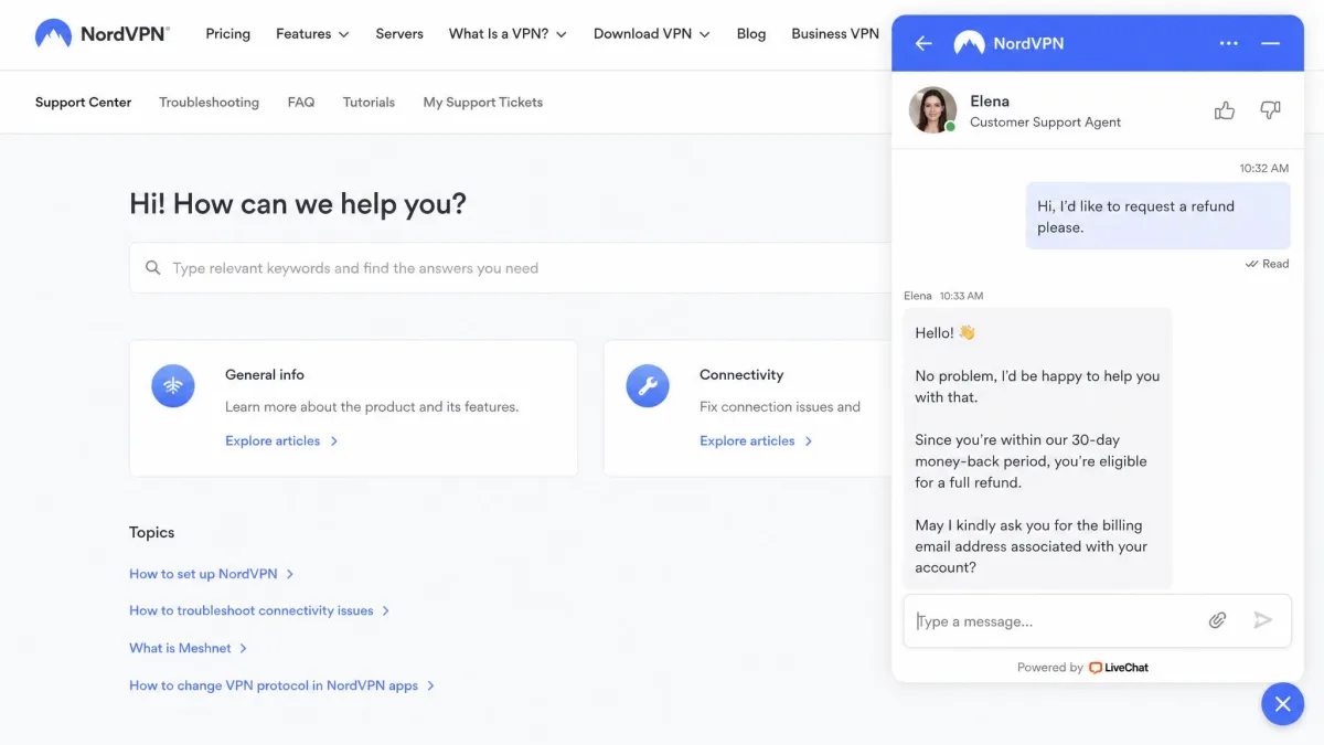 NordVPN's live chat window open on the support site, with an agent replying to a refund request inside the 30-day money-back period.