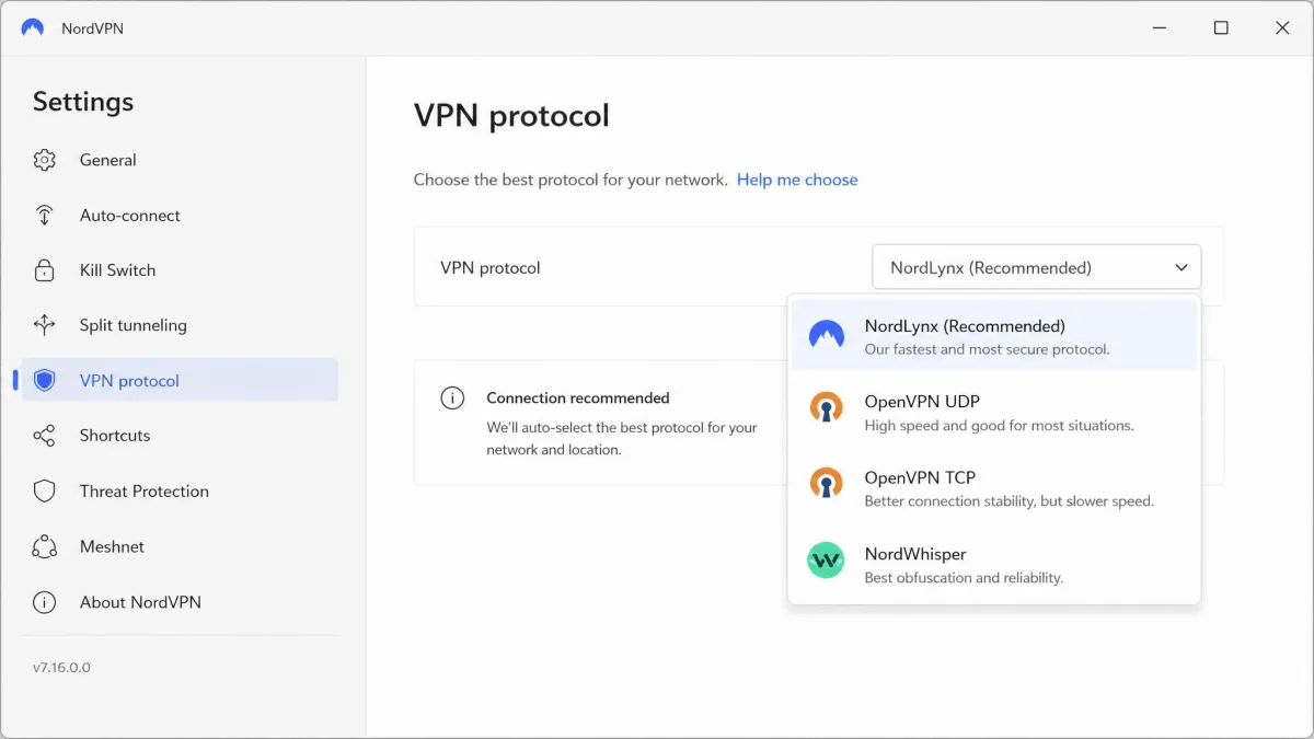 NordVPN's Windows app settings screen with the VPN protocol dropdown open, listing NordLynx, OpenVPN UDP, OpenVPN TCP and NordWhisper options.