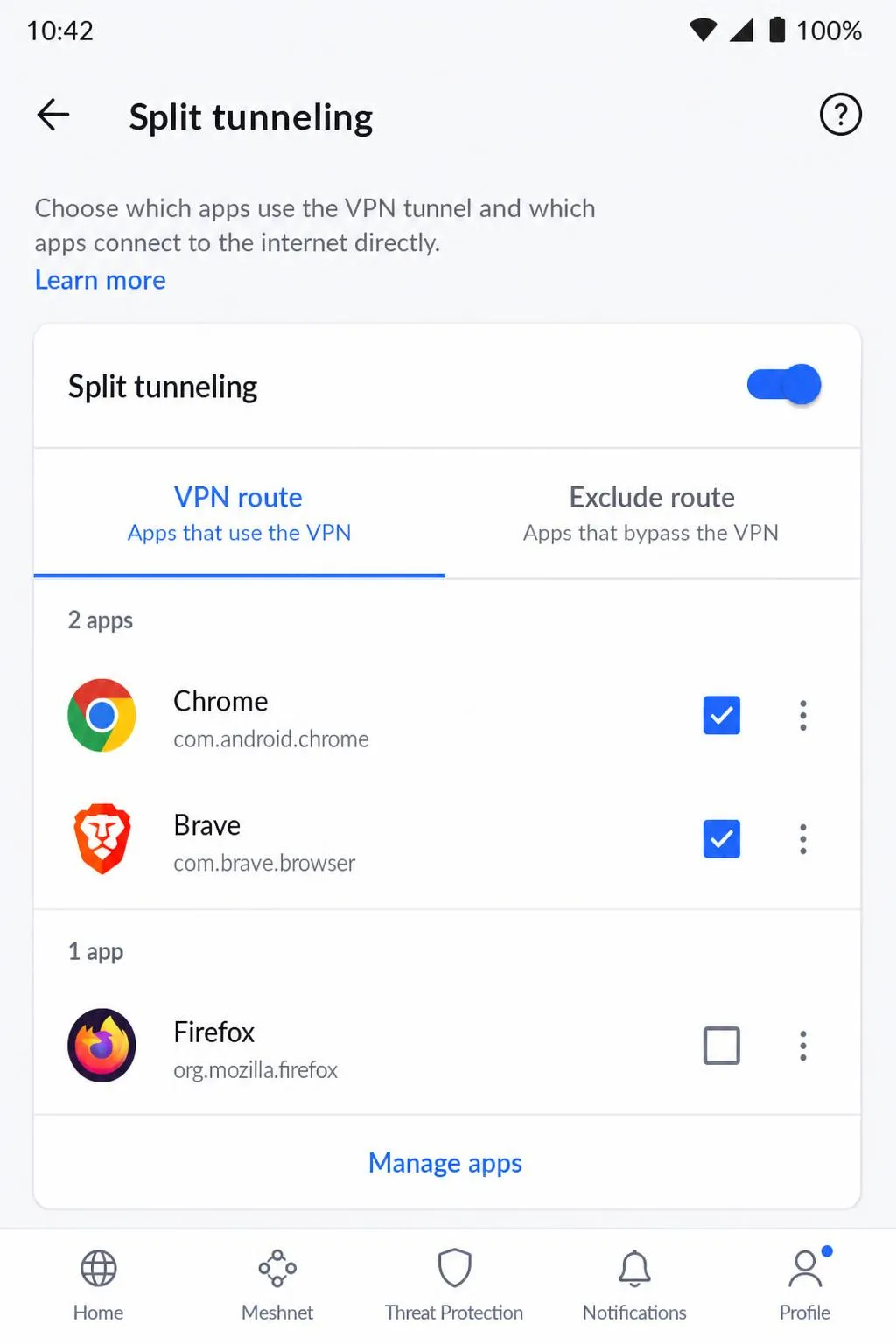 NordVPN Android split tunneling screen with one browser routed through the VPN and another excluded.