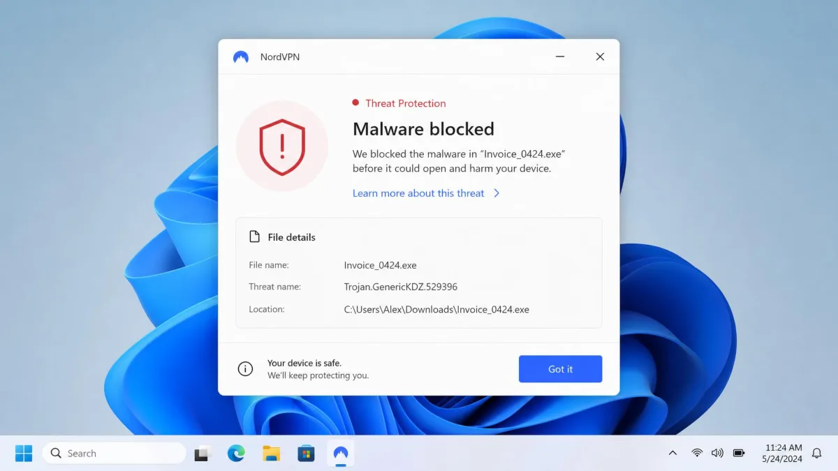 A NordVPN Threat Protection alert on Windows reporting that a downloaded file was flagged as malware and blocked before it could open.
