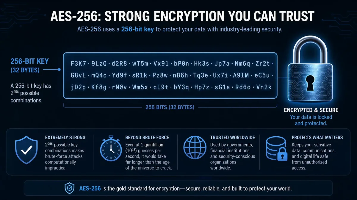 A visual explaining AES-256 encryption strength, showing a 256-bit key represented as a long string of scrambled characters next to a locked padlock icon.
