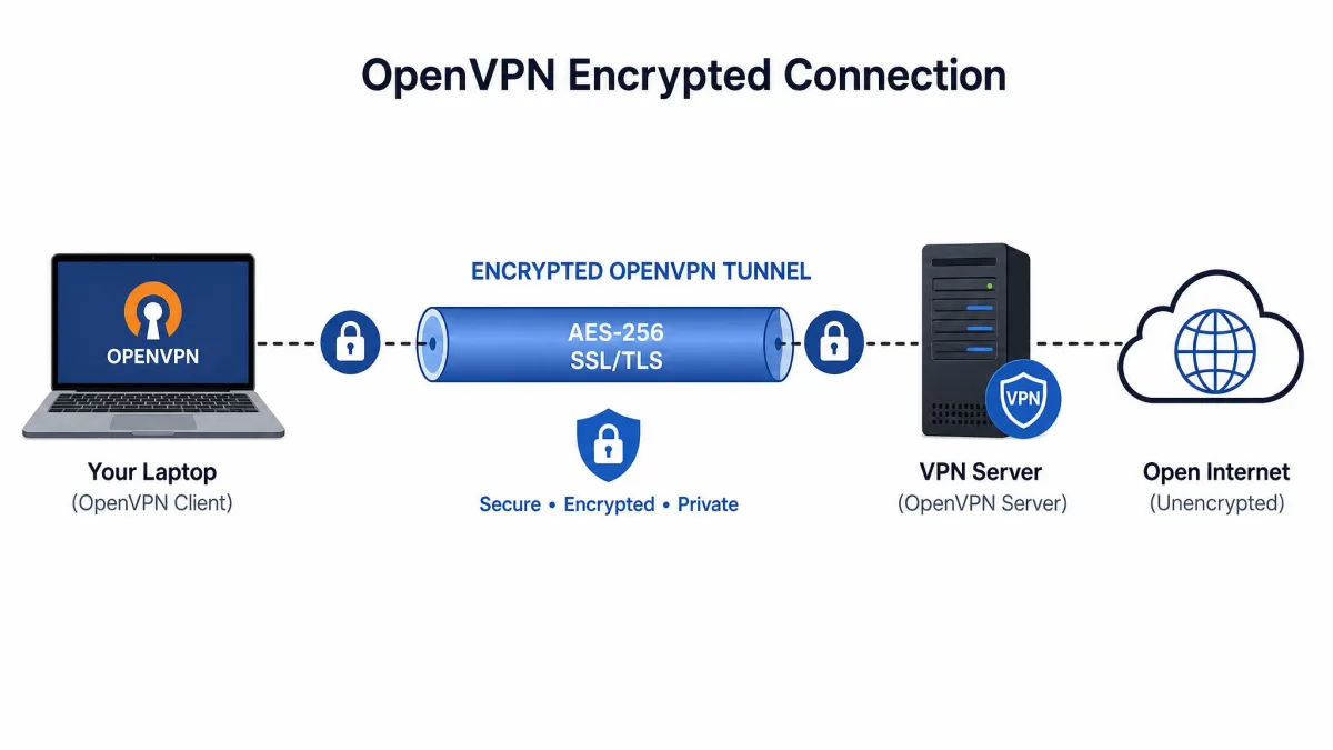 Diagram showing a laptop connecting through an encrypted OpenVPN tunnel to a VPN server, with the tunnel labeled AES-256 and SSL/TLS, and the open internet on the far side.