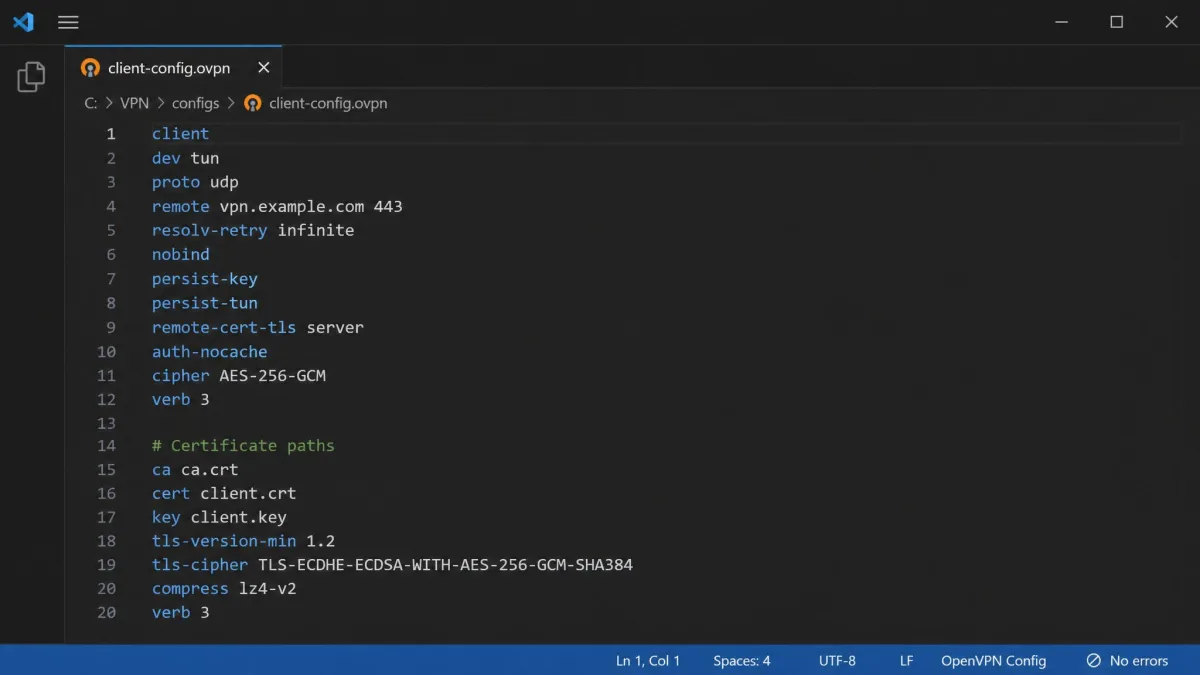 A text editor showing an OpenVPN .ovpn configuration file with certificate paths, the remote server line, cipher AES-256-GCM, and the port set to 443.