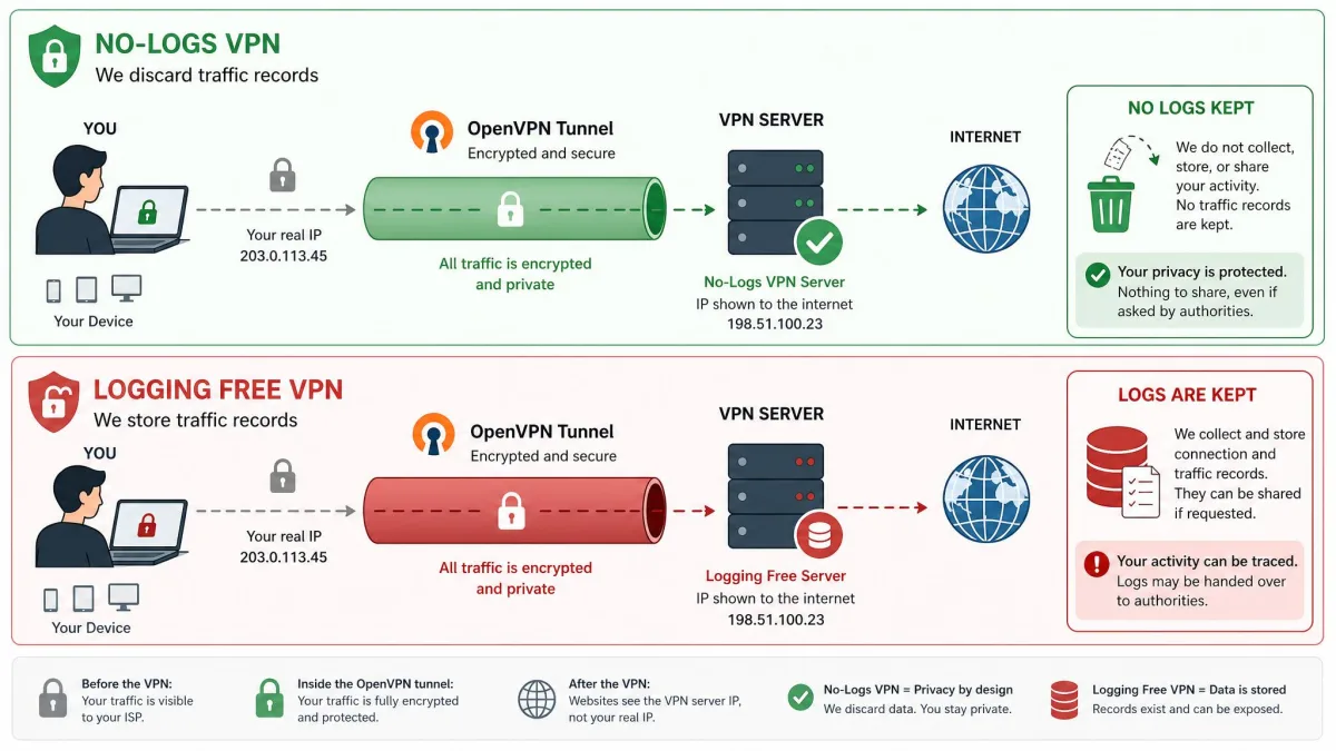 Illustration contrasting a no-logs VPN provider that discards traffic records against a logging free service that stores them, with the OpenVPN tunnel running between user and server.