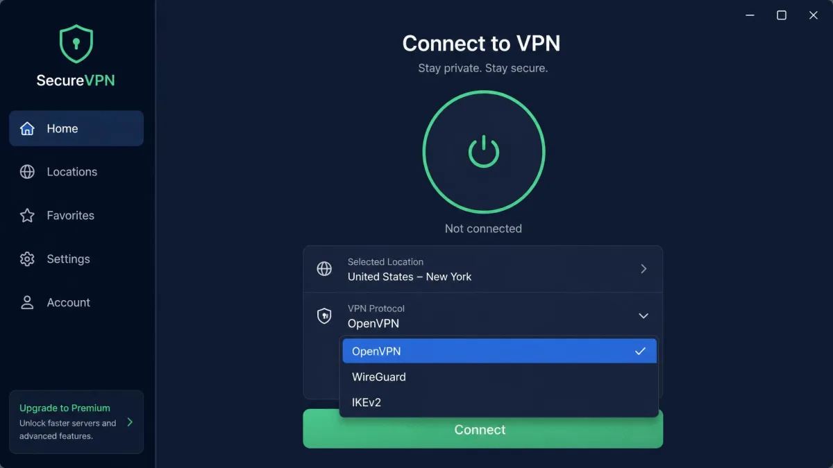 A VPN app connection screen with a protocol dropdown open, showing OpenVPN highlighted alongside WireGuard and IKEv2 options.
