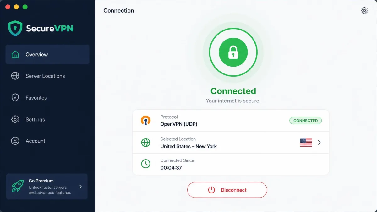 A commercial VPN app showing a connected OpenVPN session with a green status indicator, the selected server location, and a connection timer running.