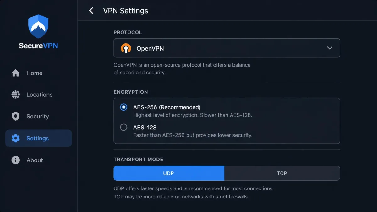 A VPN app settings screen with the protocol set to OpenVPN, showing AES-256 encryption selected and a toggle between UDP and TCP transport modes.