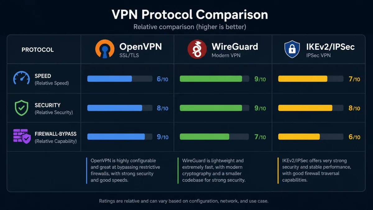Side-by-side comparison chart of OpenVPN, WireGuard, and IKEv2/IPSec showing relative speed, security, and firewall-bypass ratings as horizontal bars.