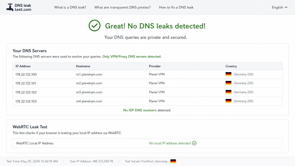 Browser-based DNS leak test results page showing only Planet VPN's server addresses in Germany and no ISP DNS resolvers, with the WebRTC check reporting no local IP exposure.