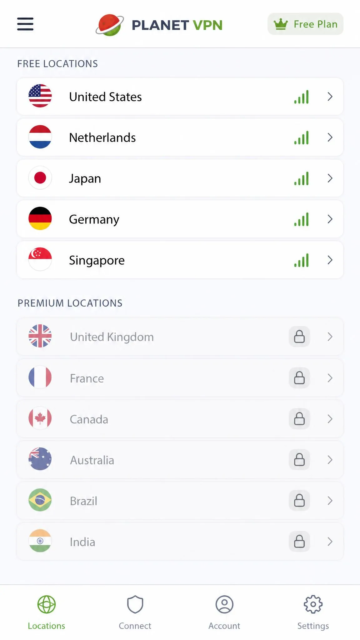 Planet VPN mobile app server list on the free plan, showing five unlocked countries at the top and premium locations greyed out with lock icons below.