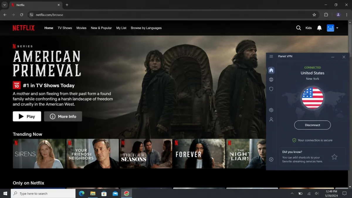 Netflix US home page loaded in a desktop browser while connected to a Planet VPN premium server in New York, with the VPN app visible in the corner.