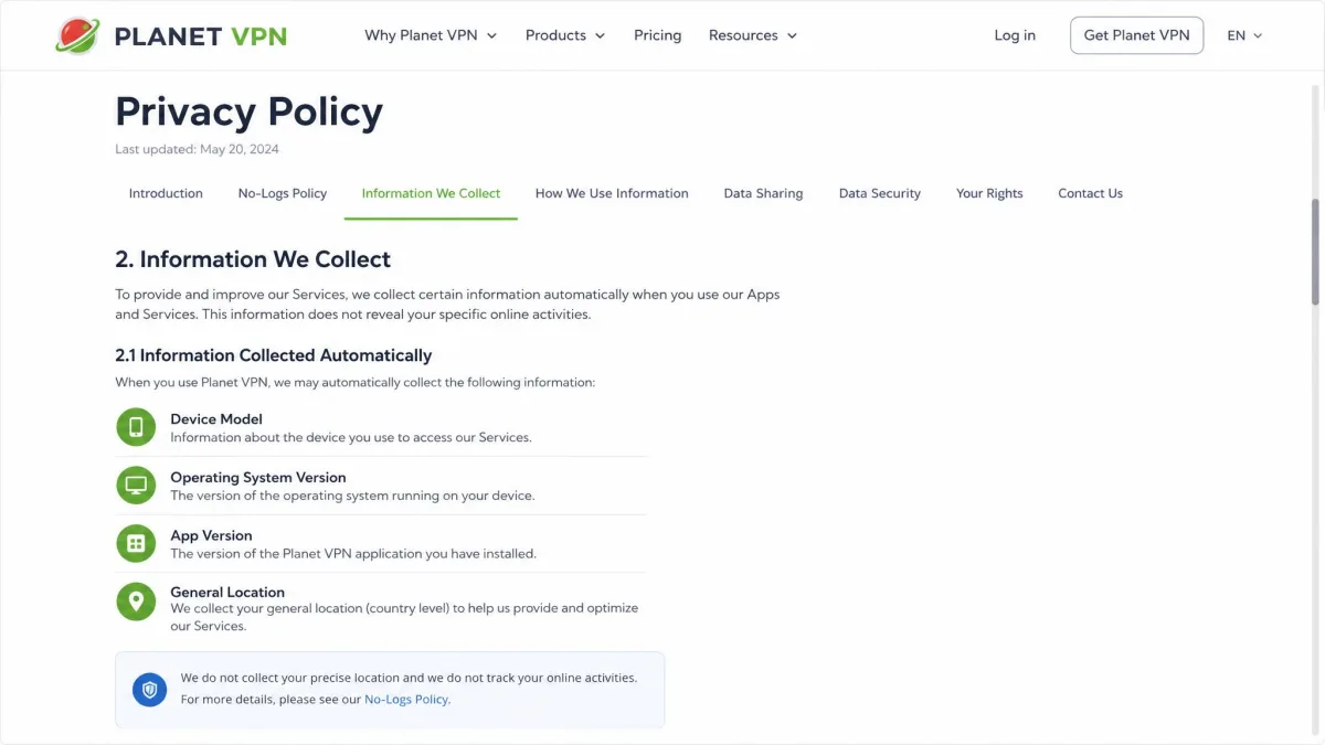 Planet VPN privacy policy page scrolled to the data-collection section, listing device model, OS version, app version and general location.