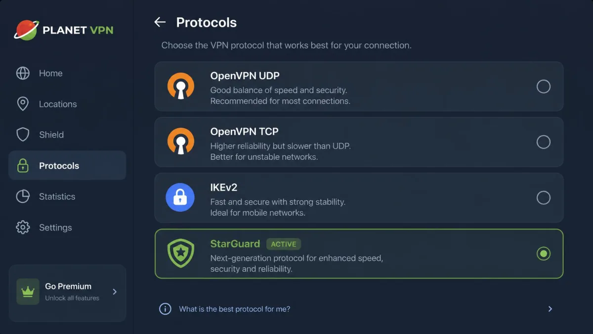 Planet VPN protocol selection screen listing OpenVPN UDP, OpenVPN TCP, IKEv2 and StarGuard, with StarGuard currently highlighted as the active protocol.