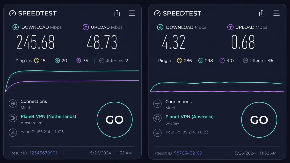 Two speed test results side by side, a fast download on a nearby European Planet VPN server next to a much slower result on an Australian server.