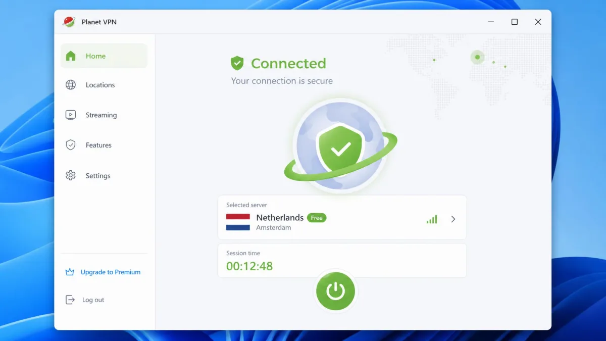 Planet VPN's Windows app in its connected state, showing a green connect button, the selected free server in the Netherlands and the session timer.