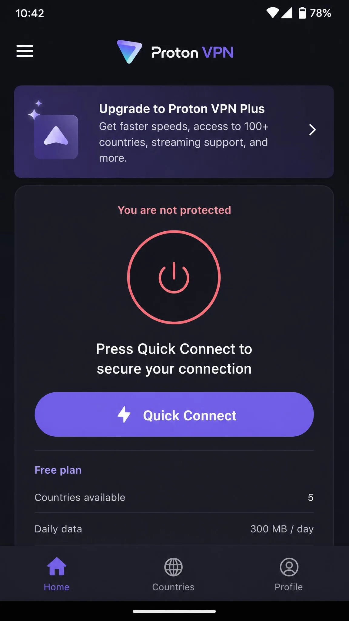 Proton VPN free plan home screen on an Android phone, showing the Quick Connect button and an upgrade banner.