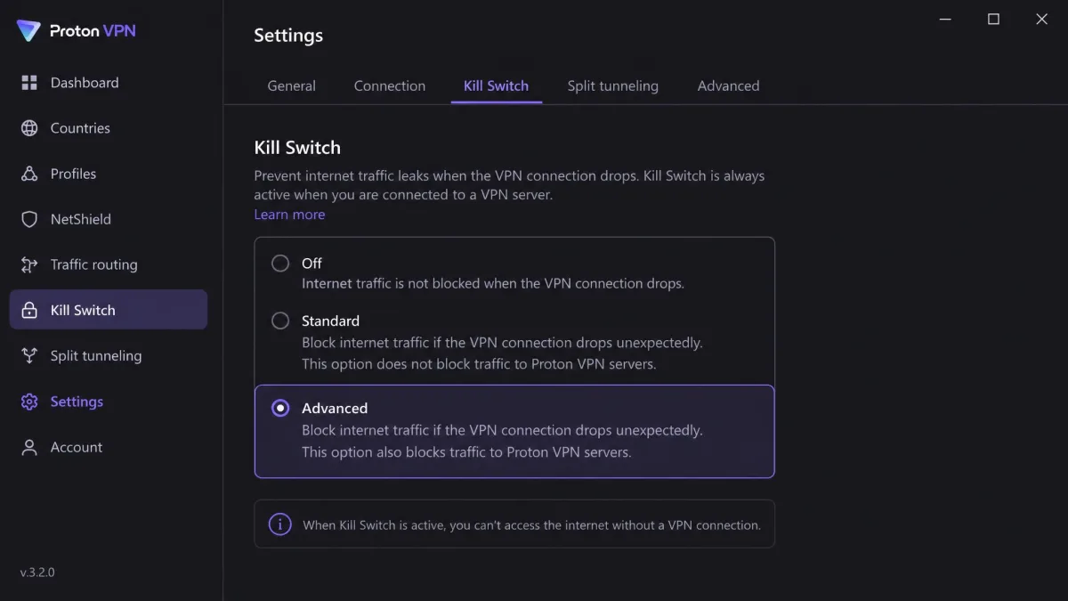 Proton VPN Windows app settings showing the kill switch options Off, Standard and Advanced, with Advanced highlighted.